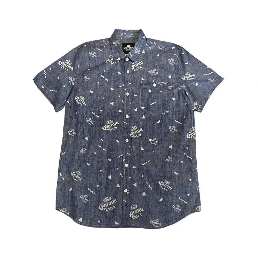 Corona Extra Mens Blue Cotton Short Sleeve Logo Button Down Shirt Large B011